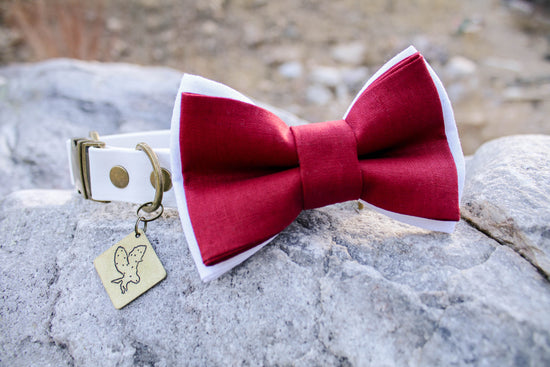Cranberry + White Linen Bow Tie