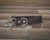 Hoot & Co cedar martingale collar with leather and metal hardware, designed for dogs, showing the collar laid flat with adjustable strap